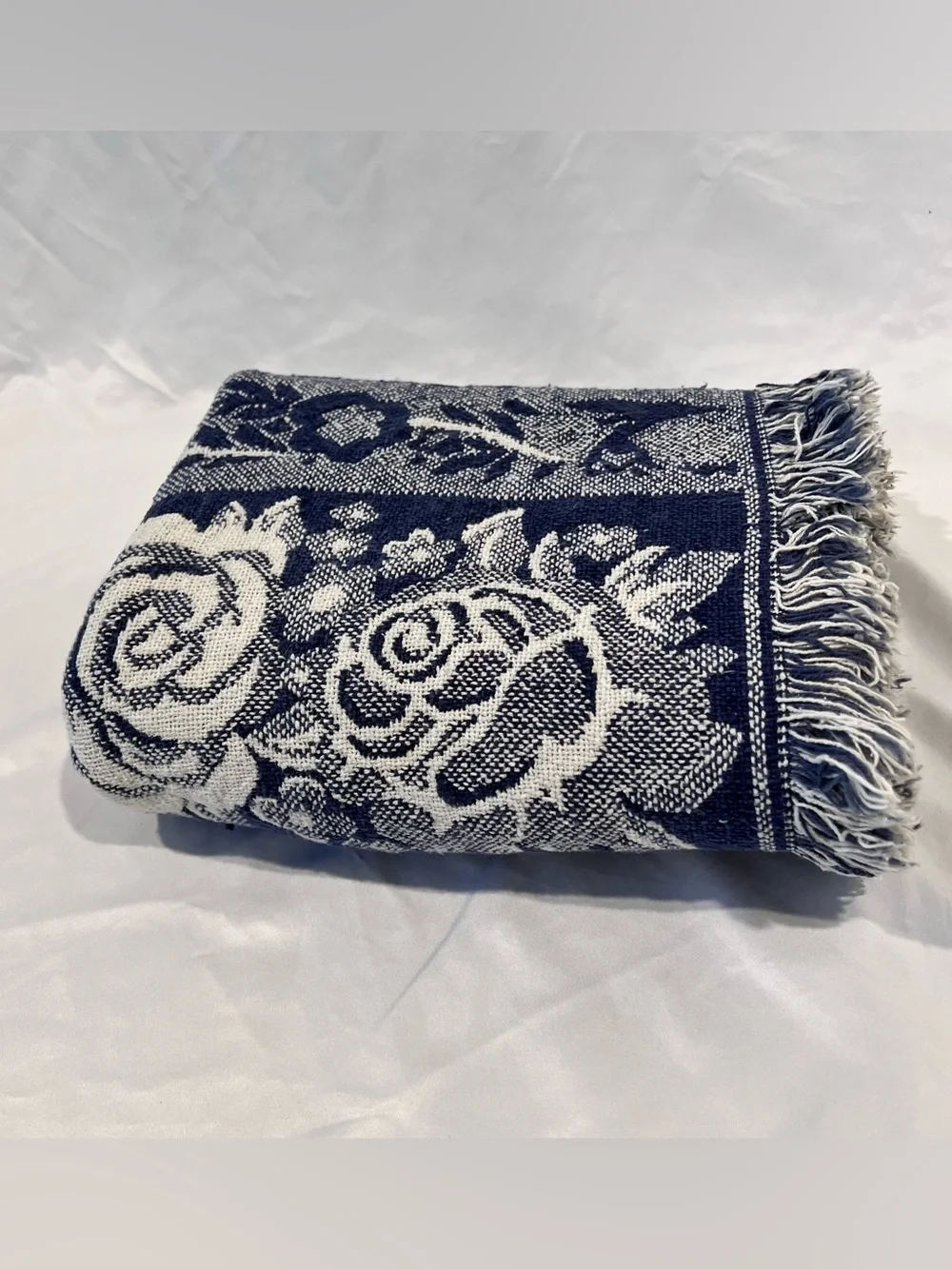 Vintage Woven Floral Tapestry Throw Blanket Fringed Blue Cottagecore